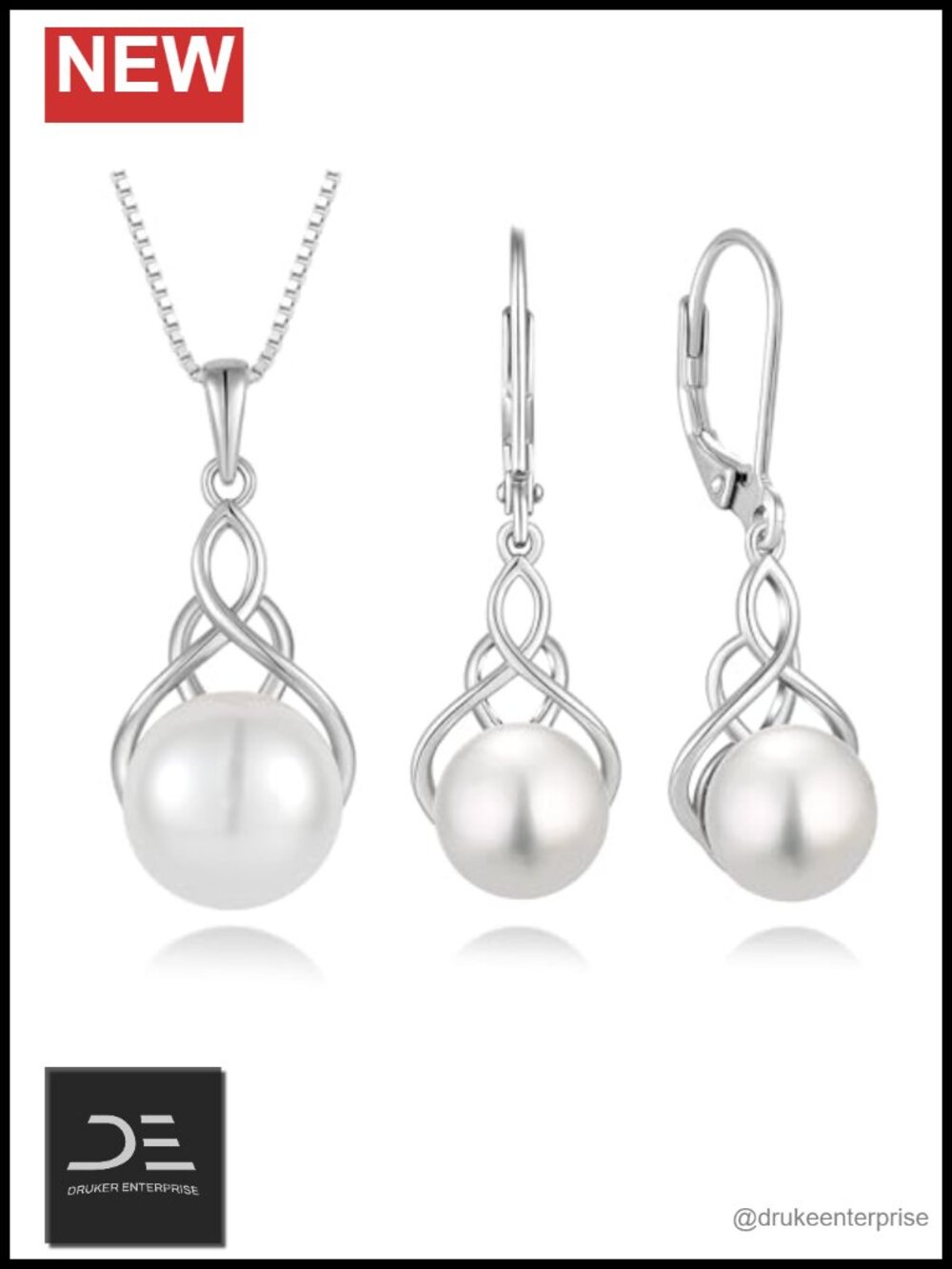 925 Sterling Silver Pearl Necklace & Earrings Set Freshwater Cultured Pearl